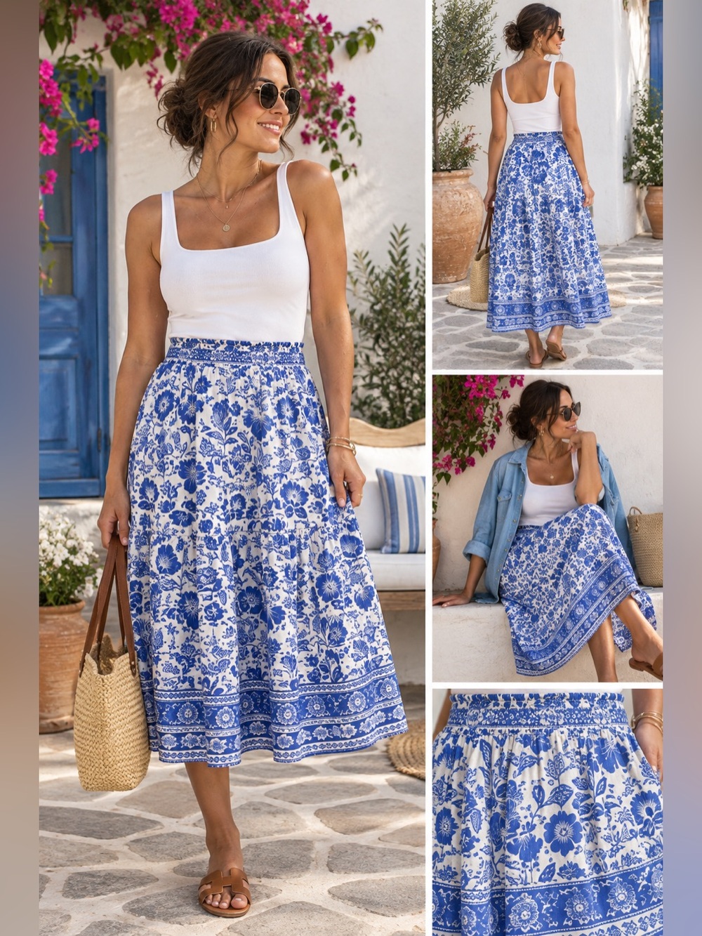 Rachel Zoe Blue & White Floral Linen Rayon Tiered Midi Skirt Size Large